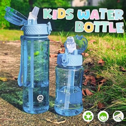 OLDLEY 12oz Kids Water Bottle, Tritan BPA-Free, Leakproof Flip Straw Lid, Motivational Time Marker, Carry Strap, Reusable Clear Water Bottle for Boys & Girls,Baby Blue - color: Baby Blue, style: 12 Ounces