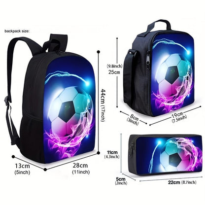 3PCS Soccer Backpack Set, 16" Lightweight Football Daypack, Soccer Ball Print Casual Laptop Backpack for Travel Camping Work (style-2) - color: Style-2