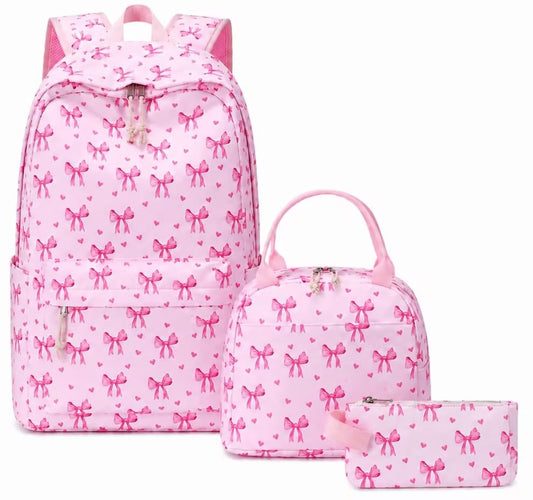 LOIDOU Backpack for Teen Girls Bookbags School Backpack with Lunch Box and Pencil Case 3 in 1 School Bags Set - color: Bow Tie Pink