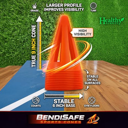Healthy Surplus Soccer Training Markers (12) - Flexible Agility Markers for Soccer, Football, Hockey & Basketball Drills - High Visibility Orange Field Markers - Made in USA - BendiSafe