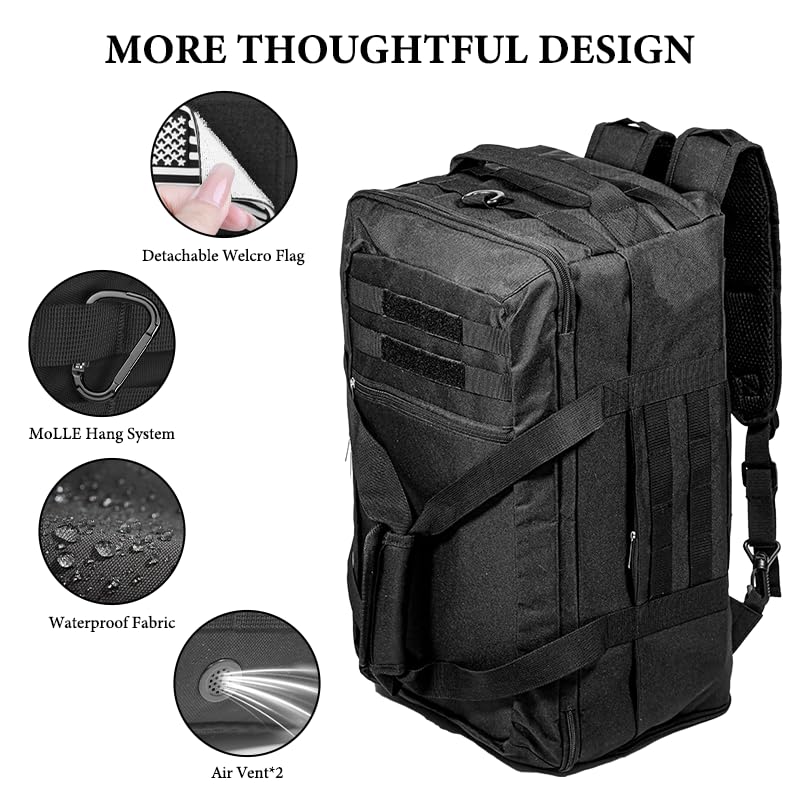 3-in-1 Tactical Duffle Backpack - 50L Large Gym Bag with Shoe Compartment & Wet Pocket, Water-Resistant Travel Bag for Men & Women, Carry-On Weekender Overnight Bag with MOLLE System