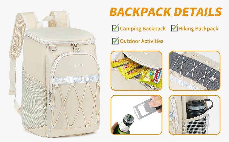 Backpack Cooler Backpack 26 Cans Insulated Leak Proof for Women Men Beach Camping Picnic Fishing Hiking Lunch Backpack Waterproof Cooler - color: Beige, size: Medium