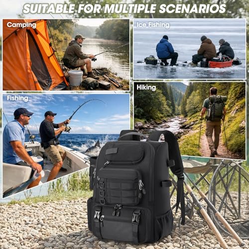 RAINSMORE Fishing Backpack with Rod Holders & Cooler 40L Water Resistant Tackle Backpack with Rain Cover Store Fishing Gear - color: Black