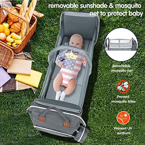 DERJUNSTAR Baby Diaper Bag Backpack with Changing Station Large Capacity Baby Bag for Boys & Girls, USB Charging Port, Pacifier Case, Sunshade & Toy Bar, Waterproof - color: Pale Grey