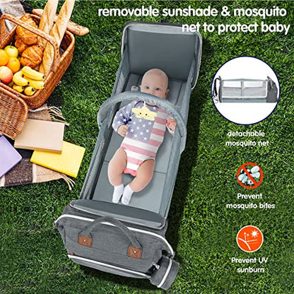 DERJUNSTAR Baby Diaper Bag Backpack with Changing Station Large Capacity Baby Bag for Boys & Girls, USB Charging Port, Pacifier Case, Sunshade & Toy Bar, Waterproof - color: Pale Grey