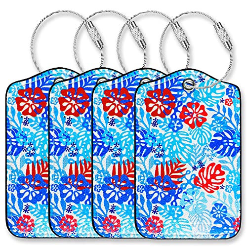 Luggage Tags for Suitcases-Leather Luggage Tag 4 Pack with Loops Hawaii Cute Bag/Backpack/Suitcase Tags Travel Essentials for Flying - color: Hawaii Tropical Plant
