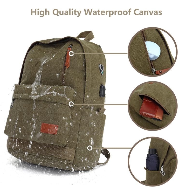 Canvas Laptop Backpack, Waterproof School Backpack With USB Charging College - color: Green