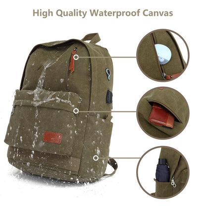 Canvas Laptop Backpack, Waterproof School Backpack With USB Charging College - color: Green