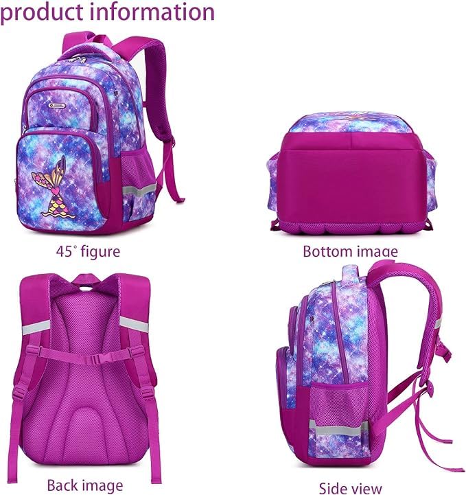Cusangel Purple Mermaid 3pcs Set with Lunch Box Pencil Case,Multi Compartment Backpack, Dinosaur Backpack Chest Strap Side Pockets 16 Inch - color: Purple Mermaid 16in 3pcs