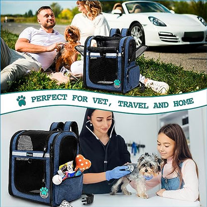 PetAmi Dog Backpack Carrier for Cats and Small Dogs, 4-Way Entry Ventilated Pet Carrier for Hiking Travel, Foldable Top with Sherpa Bed, Reflective and Poop Bag Dispenser, Up to 18 lbs, Navy Blue - color: Navy Blue