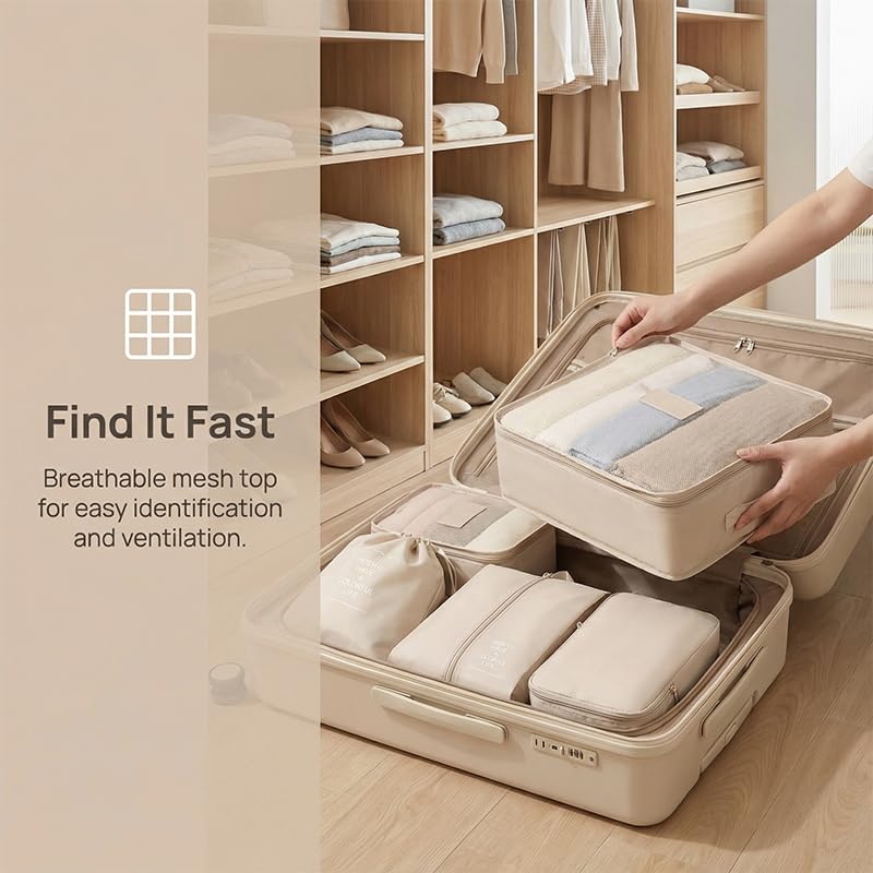 7pcs high-capacity travel storage set, travel storage bag, clothing protection bag, nylon packing cube and storage bag, suitable for clothing, pants, shoes, socks, lightweight holiday style duffel bag