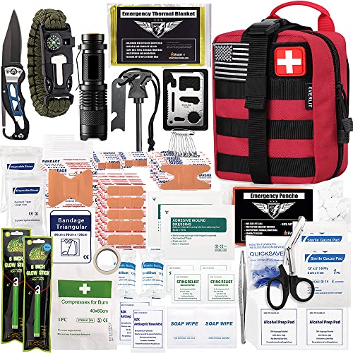 EVERLIT 250 Pieces Survival First Aid Kit IFAK EMT Molle Pouch Survival Kit Outdoor Gear Emergency Kits Trauma Bag for Camping Boat Hunting Hiking Home Car Earthquake and Adventures - color: Red