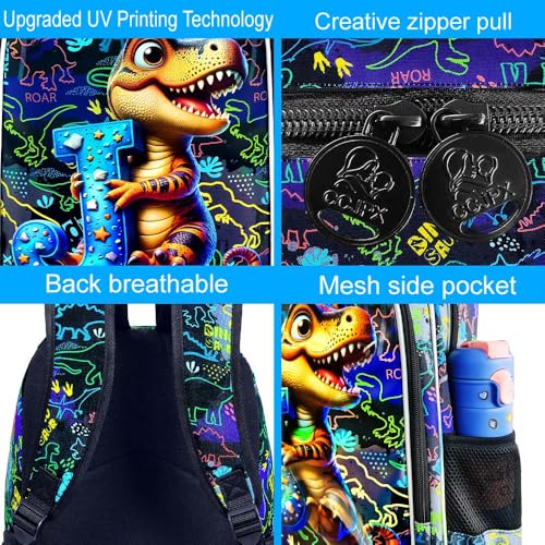 3Pcs Dinosaur Backpack, 16" Boys Bookbag with Lunch Box, Kids School Backpacks Set for Elementary Preschool Kindergarten (Balck) - color: Dinosaur Black 01