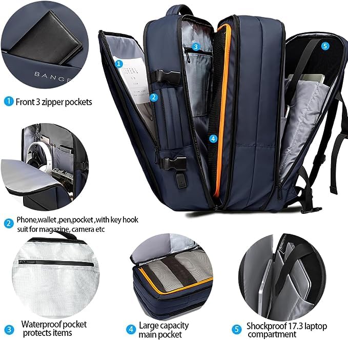 BANGE Travel Backpack,35L Carry on Backpack, Men Airline Approved Backpack, Expandable Business Laptop Daypack - color: Blue, size: 35L(expansion)
