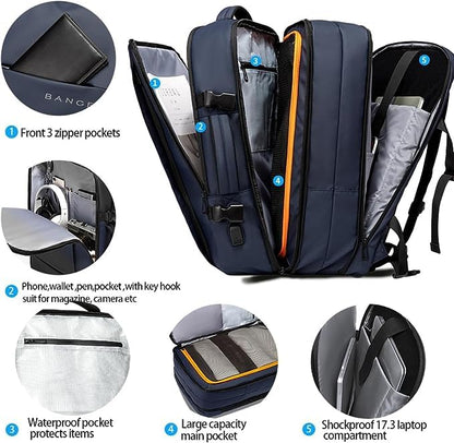 BANGE Travel Backpack,35L Carry on Backpack, Men Airline Approved Backpack, Expandable Business Laptop Daypack - color: Blue, size: 35L(expansion)