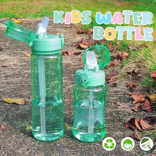 OLDLEY 12oz Kids Water Bottle, Tritan BPA-Free, Leakproof Flip Straw Lid, Motivational Time Marker, Carry Strap, Reusable Clear Water Bottle for Boys & Girls,Glow Green - color: Glow Green, style: 12 Ounces