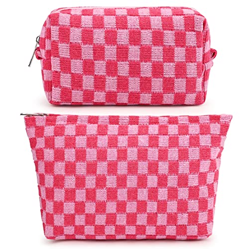 SOIDRAM 2 Pieces Makeup Bag Large Checkered Cosmetic Bag Capacity Canvas Mix Travel Toiletry Bag Organizer Cute Makeup Brushes Aesthetic Accessories Storage Bag for Women, Checkered Mix Rose Red - color: Rose red