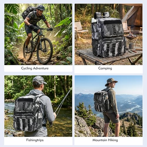 MGB 46L Water-resistant Fishing Tackle Backpack with Rod Holders - color: Grey+black Camo（without Tackle Box）