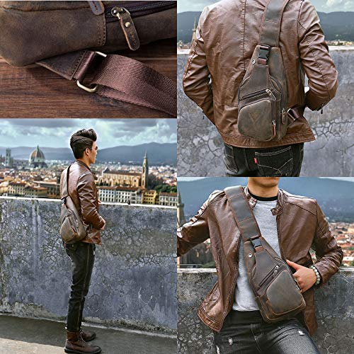 Le'aokuu Men Fashion Casual Tea Designer Travel Hiking Crossbody Chest Sling Bag Rig One Shoulder Strap Bag Men Leather 8015 | Fashion - color: Brown
