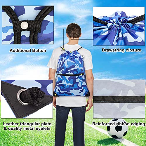 draw string back bag, Large Gym Sports string backpack for men and women with front zipper pocket and inside zipper pocket to keep key or phone(blue camo) - color: Blue Camo, style: Drawstring With Front Pocket