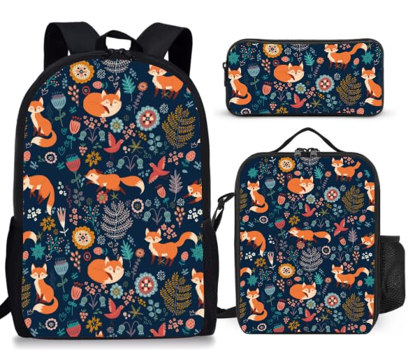 Fox Backpack Set for School,17 Inch Casual Back to School Bags with Lunch Box, Kids Daypack Bags and Pencil Case Set for Teens Boys Men Students - color: Fox