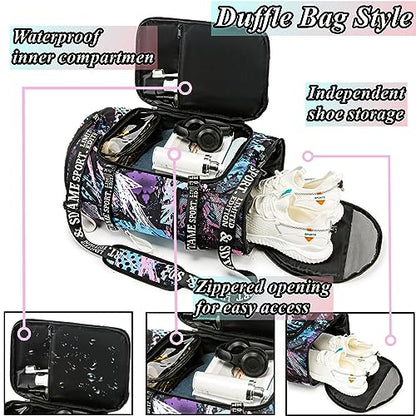 Gym Duffle Bag Backpack with Shoe Compartment,4 ways Travel Backpack for Women and Men,Multi-Functional Weekender bag with Waterproof Layer&Laptop Compartment for Fitness, Travel,Camping - color: Multicolor