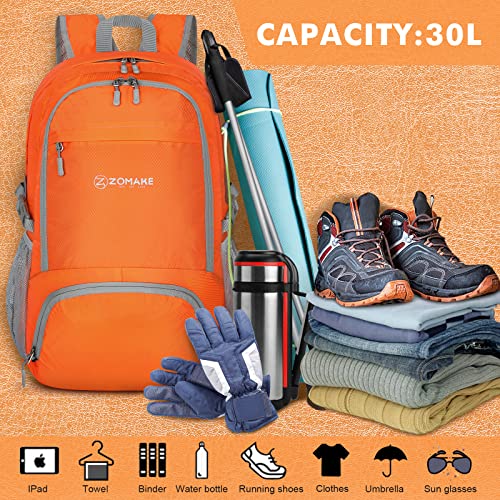 ZOMAKE Lightweight Packable Backpack 30L, Foldable Travel Hiking Daypack - color: Orange