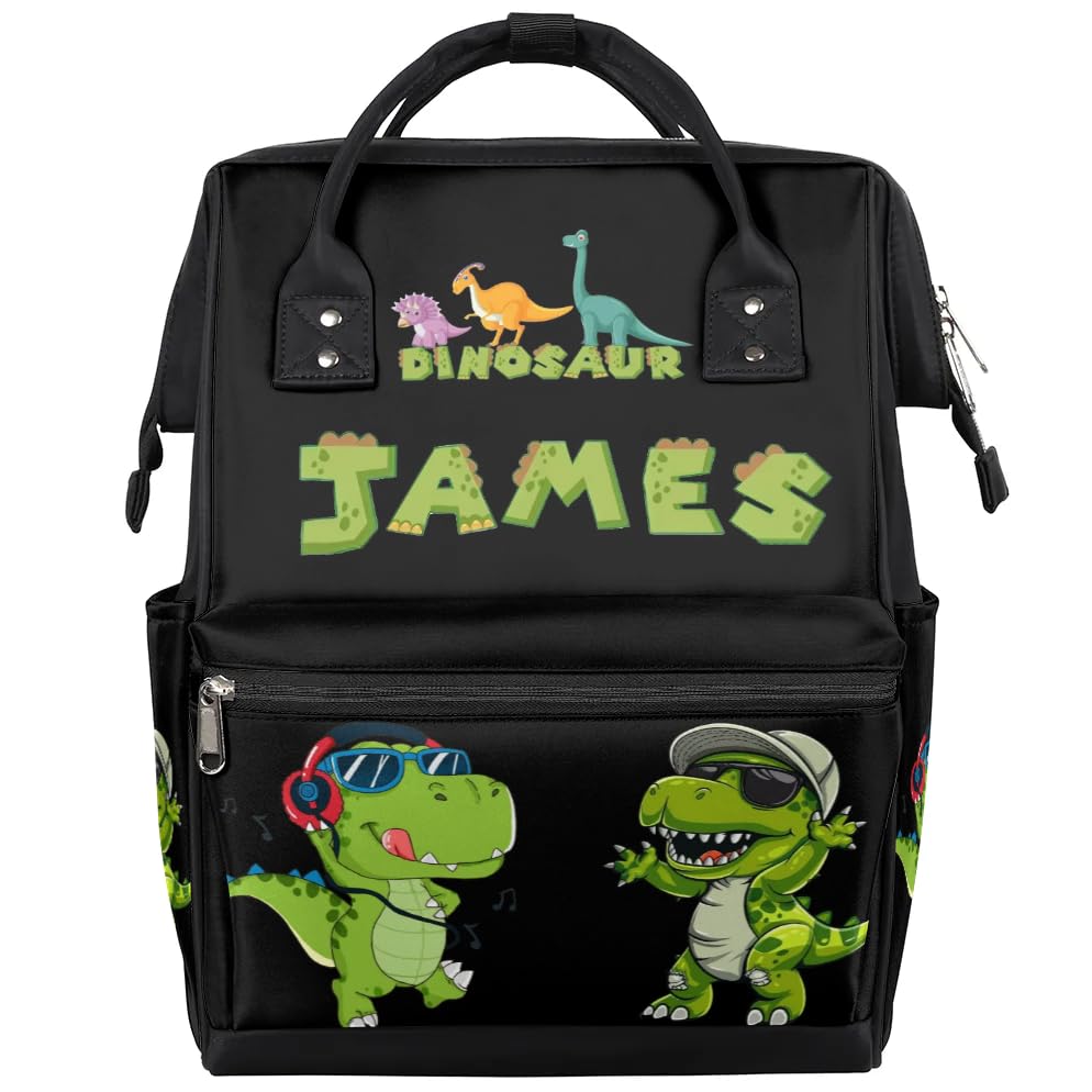 Personalized Dinosaur-Diaper-Backpack Custom-Diaper-Bag with-Name for Mom Dad Waterproof Baby Boy Nappy-Bag Black Mommy-Backpack - color: Black