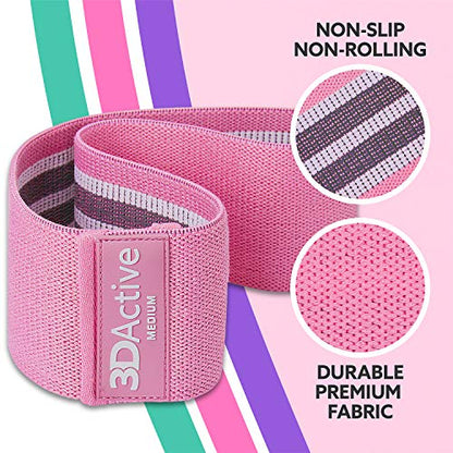 3DActive Fabric Resistance Bands for Legs & Butt. Wide Non-Slip Hip Band Set for Home & Gym Workouts. Exercise Guide & Carry Bag Included. - color: Purple, Pink, Green