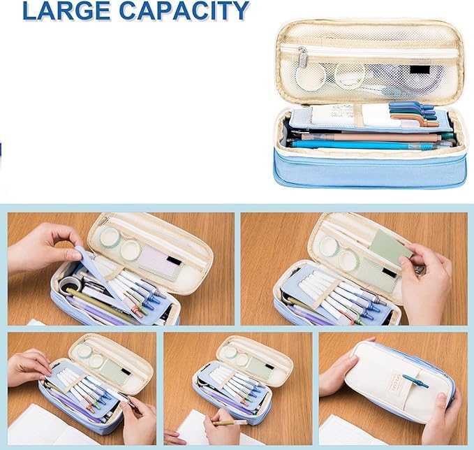Arnuixty Large Storage Pencil Case Pen Bag with Zipper Big Capacity Pouch Organizer for Office Travel Holder Box - color: Dark Blue