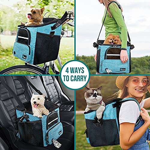 PetAmi Dog Bike Basket, Soft-Sided Ventilated Dog Bike Carrier Backpack, Pet Bicycle Basket for Bike Handlebar, Small Medium Puppy Cat Kitten Car Booster Seat with Safety Strap, Max 18 lbs, Blue - color: Teal Blue