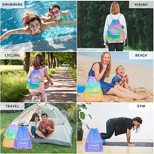 Mesh Drawstring Backpack, Large Sports Gym Bag for Women Kids with Pocket and Zipper Sackpack for Beach Yoga Football Soccer (Tie Dye Yellow) - color: Tie Dye Yellow