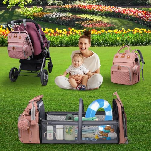 Baby Diaper Bags with Changing Station Multifunctional Waterproof Diaper Bag Backpack Travel Baby Bag with Changing Pad, Pacifier Case,Baby Essentials(Pink) - color: Up-pink