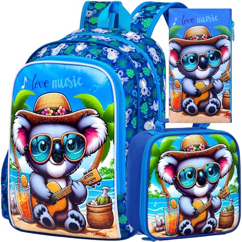 3Pcs Backpack for Boys, 16" Koala Kids Bookbag Set for Elementary Preschool Kindergarten, School Backpacks with Lunch Box(Blue) - color: Koala Blue