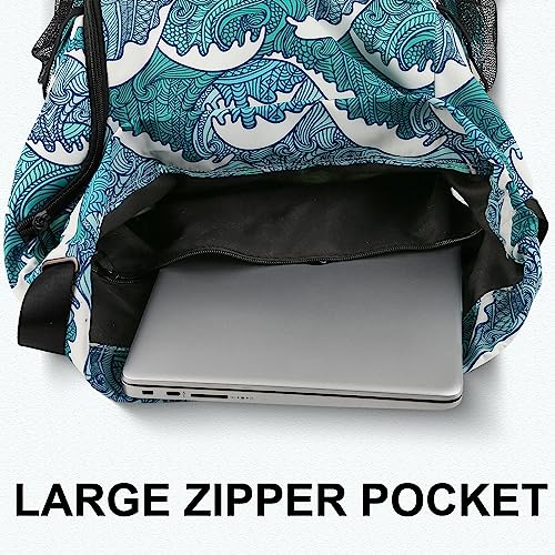 Drawstring Backpack with Mesh Pockets String Gym Bag Sackpack Sandproof Water Resistant Beach Backpack for Men Women - color: Blue Waves