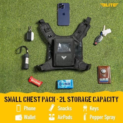 Elite Sports Running Vest w/Phone Holder for Men/Women, Reflective Lightweight Chest Pack w/Touch Friendly Phone Sleeve, Camera Pocket - Chest Rig for Hiking, Trail, Marathon, Camping - size: Small