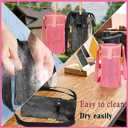 Water Bottle Holder with Strap, Premium Water Bottle Carrier with Strap Easy Clean, Light Water Bottle Carrier Bag, Water Bottle Holder with Pocket for Hiking, Walking, Travel - color: pink & black