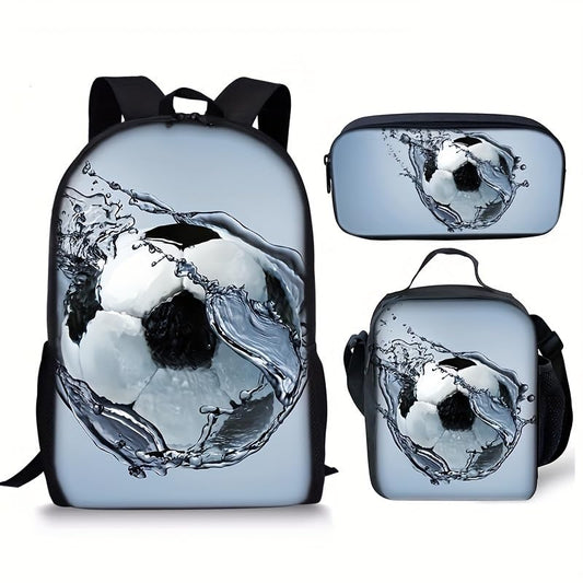 3PCS Soccer Backpack Set, 16" Lightweight Football Daypack, Soccer Ball Print Casual Laptop Backpack for Travel Camping Work (style-1) - color: Style-1