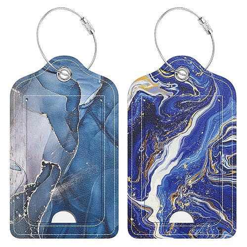 2 Pack PU Leather Luggage Tags for Suitcase, Travel Cruise Luggage Tag with Privacy Flap, Name ID Label and Metal Loop for Women Men Baggage Handbag School Bag Backpack, Blue Flow Marble - color: Blue Flow Marble, size: 2 Pack