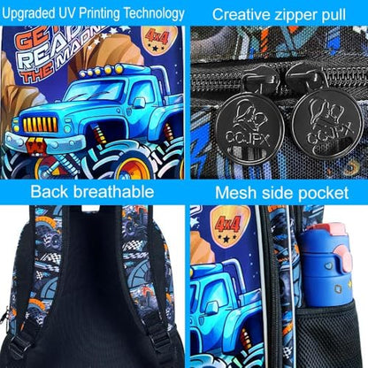 3Pcs Truck Backpack for Boys, 16" Bookbag with Lunch Box, Kids School Backpacks Set for Elementary Preschool Kindergarten (Balck) - color: Truck Blue