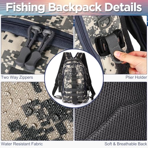 RoundFunny 85 Pcs Fishing Backpack with Tackle Boxes, Tackle Sling Bag with Rod Holder, Fish Lures and Pliers, Fish Tools Gears & Equipment Father's Day Fishing Gift for Dad Men - color: Jungle Camouflage