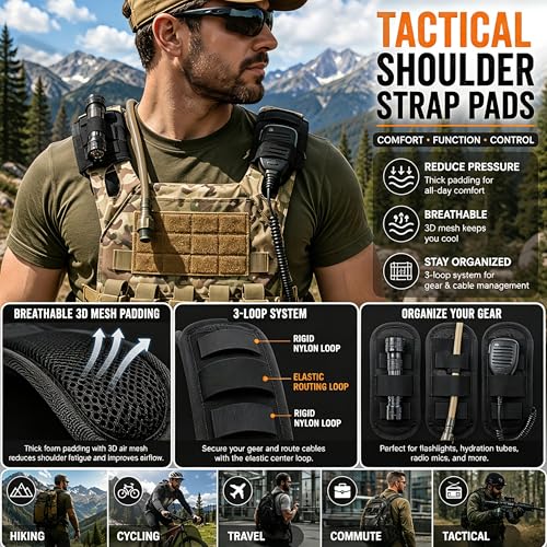 1 Pair Tactical Backpack Shoulder Pads, Thick Shoulder Cushion for Heavy Backpacks Plate Carrier & Rucksack, Fits Straps Up to 2.5", Breathable 3D Mesh, Hook & Loop Fastener, Rucking Hiking & Military - color: Black