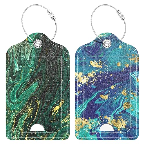 2 Pack PU Leather Luggage Tags for Suitcase, Travel Cruise Luggage Tag with Privacy Flap, Name ID Label and Metal Loop for Women Men Baggage Handbag School Bag Backpack, Green Marble - color: Green Marble, size: 2 Pack