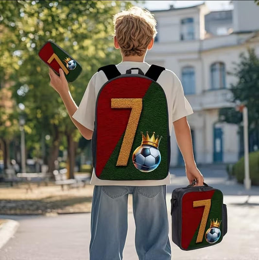 3-Pieces Backpack Set, Themed Backpack for Soccer Number 7 – Multifunctional Large Capacity Daypack with Lunch Bag & Case for Daily Life - style: Soccer Number 7