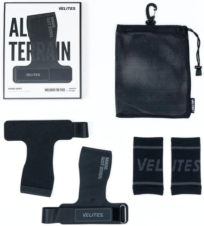 Velites - All Terrain Grips - Official Crossfit® Games Gymnastics Grips - No-Chalk Required - for All Bars & Surfaces - Includes Wristbands & Bag - color: Black, size: Large