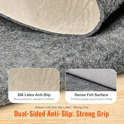 VEVOR 2' x 8' Non-Slip Rug Pad Gripper - 1/4" Thick Polyester Felt & Latex Backing Padding Cushion for Area Carpet Runner Hardwood Floors Living Room - Grey - size: 2'1" x 7'11" (Rectangular)