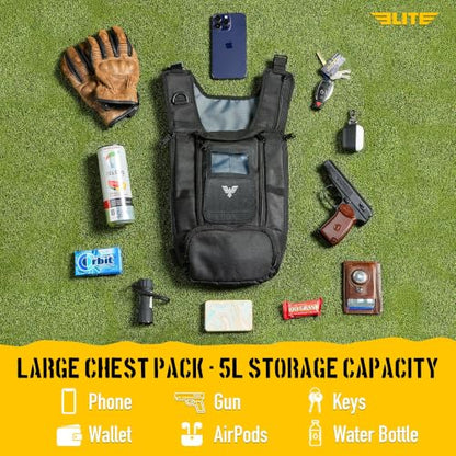 Elite Sports Running Vest w/Phone Holder, Gun Holster for Men/Women, Reflective Lightweight Chest Pack w/Touch Friendly Phone Sleeve, Camera Pocket - Chest Rig for Hiking, Trail, Marathon, Camping - size: Large