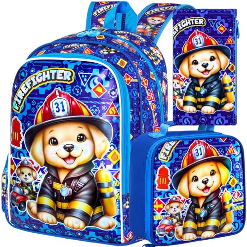 16" Boys Backpack, 3Pcs Dog Bookbag with Lunch Box, Kids School Backpacks Set for Elementary Preschool Kindergarten(Blue) - color: Dog Blue