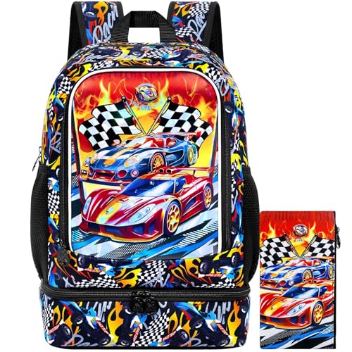 HPJGD 2-in-1 Backpack for Boys, 17" Race Car Preschool Bookbag Set with Built-in Lunch Compartment, Kids Water-Resistant School Bag for Elementary - Thrill Racing - color: Uv Printing Race Car 2-in-1 Backpack