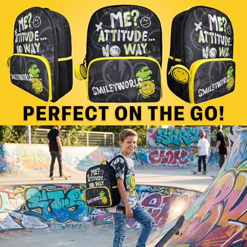 Get Trend Smiley World Kids Backpack for Boys, 18 inch Book Bag with Adjustable Padded Straps, Travel School Bag, Kids Gifts (Yellow/Multi Smiley) - color: Yellow/Multi Smiley